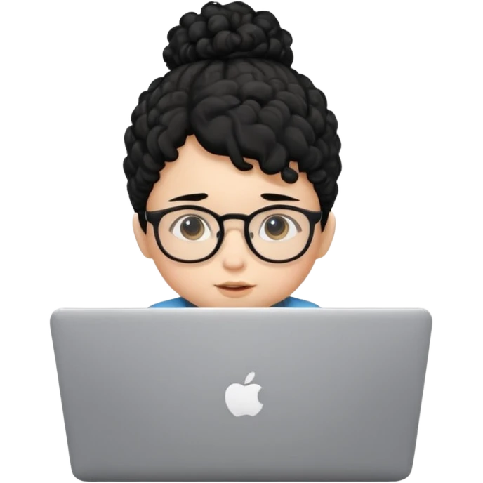 A baby DEVELOPER WITH A laptop, black curly hair and topknot, wearing glasses emoji