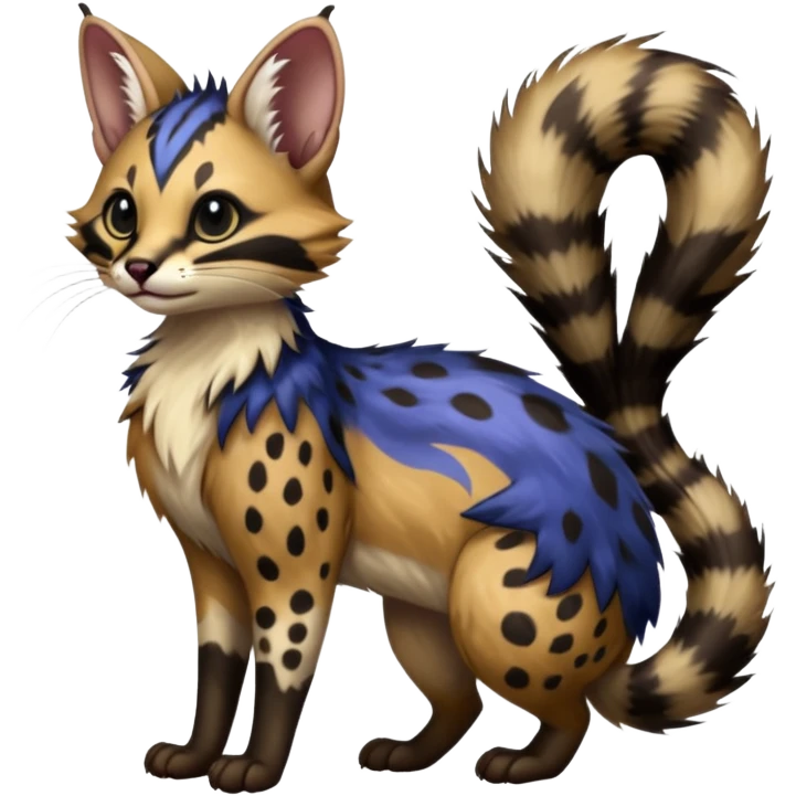  ink-black fur laced with oil-slick bronze and abyssal cobalt runes fur with random dark markings beautiful elegant pretty precious cute  Fakémon-Pokémon-opossum-feline-serval-caracal-chinchilla-Furret-Minccino-hybrid-creature with a big fluffy bushy tail (full body) emoji
