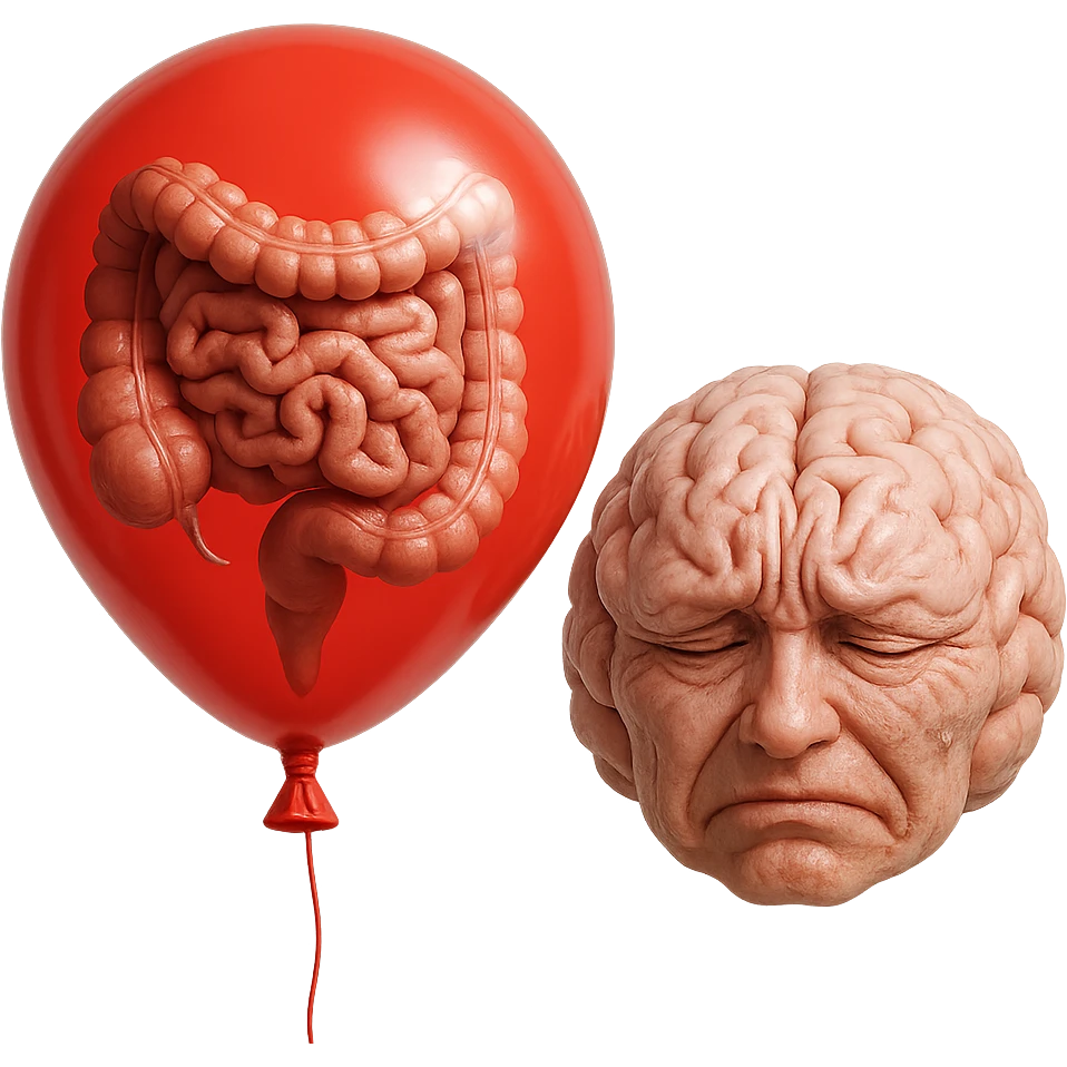 intestino umano anatomico chiuso in un palloncino rosso che simboleggia gonfiore, accanto un cervello stressato, iperrealistico 4k emoji