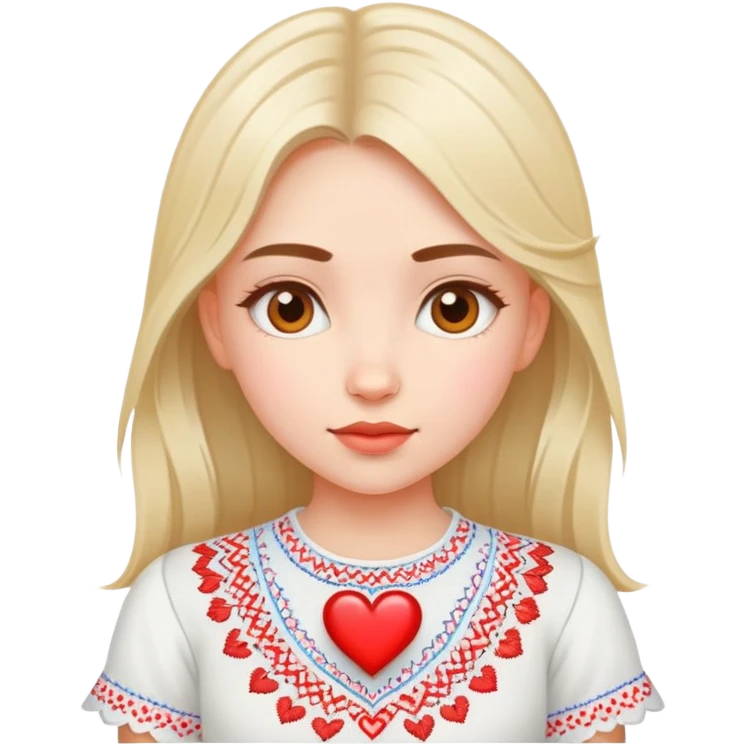 beautiful young girl wearing a white Ukrainian embroidered shirt with a big heart emoji