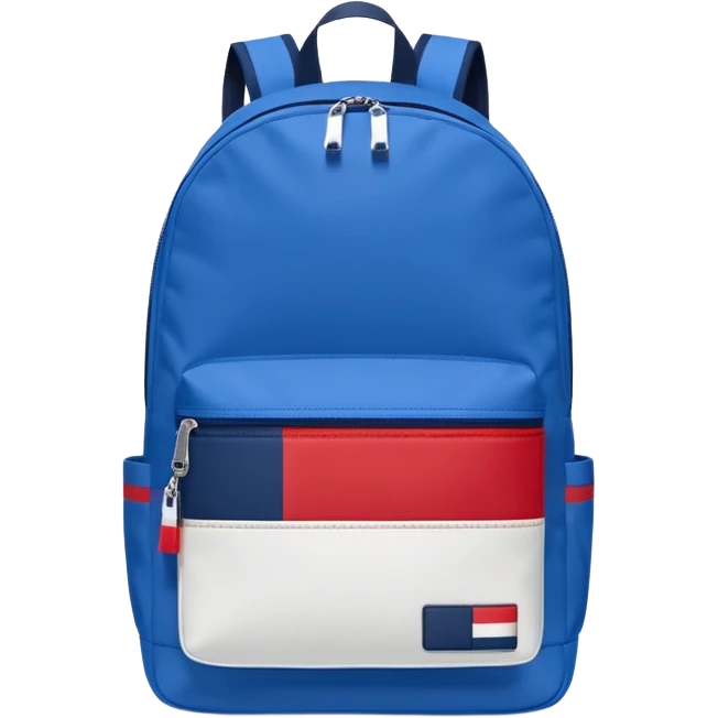 simple blue backpack, at the bottom pocket there is a  logo featuring a Tommy Jeans-inspired logo. The logo looks like a vertically-flag in one red, one white. The flag stripes are vertical, not horizontal. Flat

 emoji