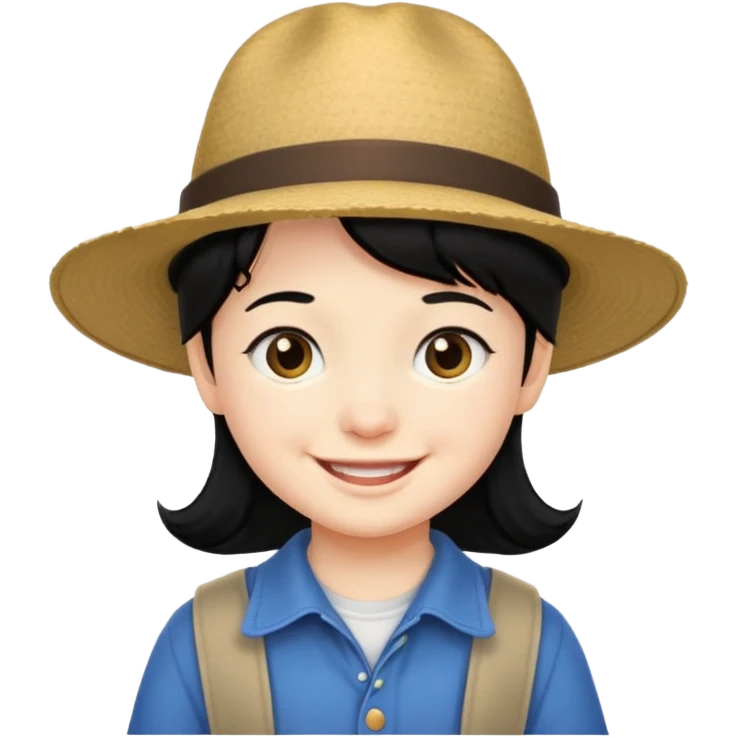 very small tourist kid with big hat and black hair emoji