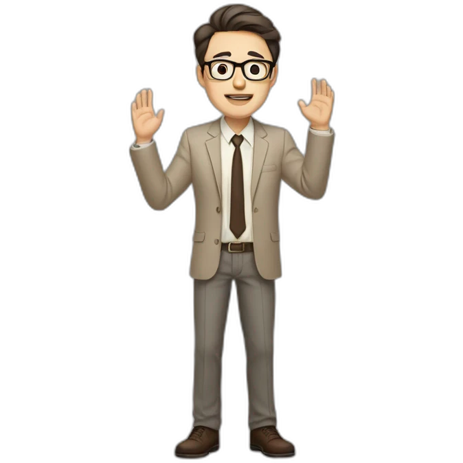 Full height Actively gesturing with hands Pale skinned fit man with dark brown hair in gray jacket, beige office shirt, brown tie, brown pants and vintage glasses. emoji