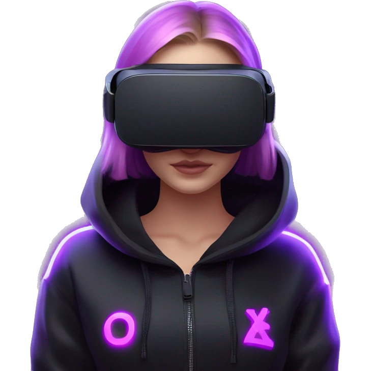 Russian girl wearing black hoody with violet letters "OMG", in vr headset oculus quest2. No eyes on headset. Cyberpunk style. Violet neon. emoji