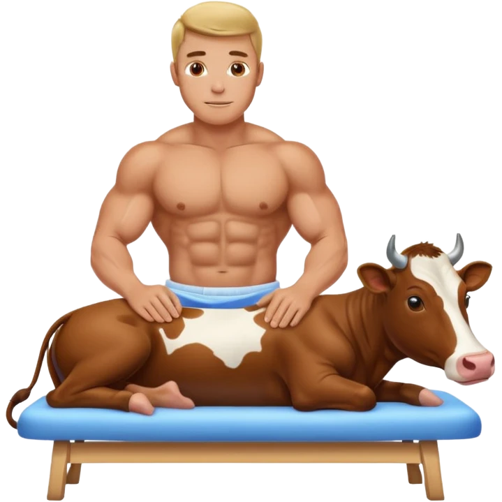 A cow being milked on a massage table by a muscular man  emoji