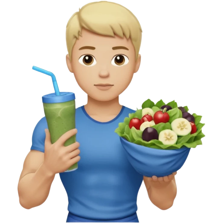 A young male person with a muscular, well-defined build. He has short blonde hair, a light skin tone, and a neutral facial expression. He wears blue cloth. He is holding a salad in one hand and a protein shake in the other. emoji