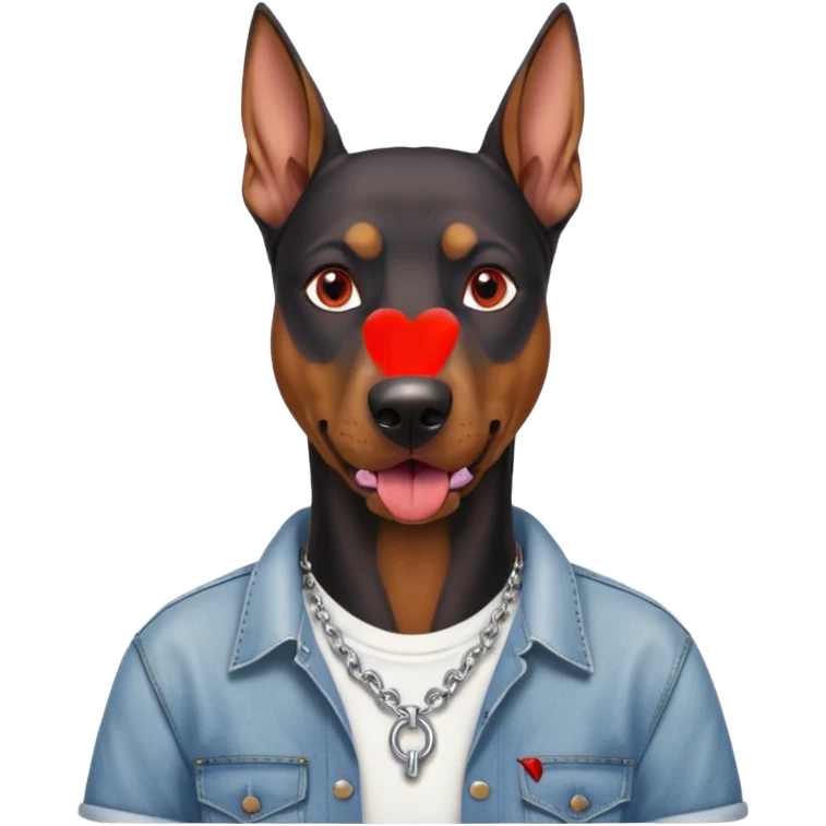 Generate a emoji of a big evil doberman dog with red eyes and a tongue sticking out, give the doberman a human body with a white shirt and baggy jeans, make the doberman have ear piercings and a septum ring emoji