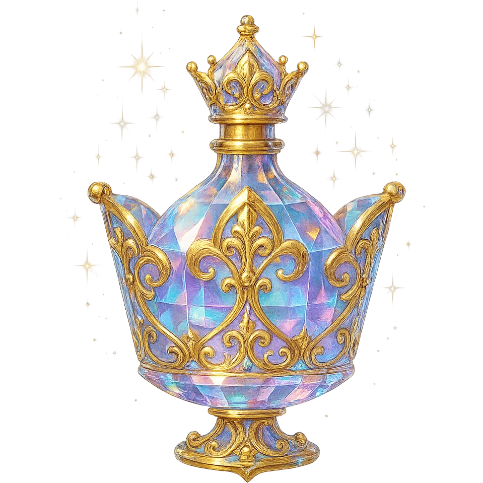 premium class crystal elixir bottle shaped like a crown, pastel gradient, lots of shine, facets, ornaments, golden details, magical effects, very small golden neck, transparent background, beautiful connected base, clearly floating in the air, no base or shadow, very luxurious, interesting design, fits a collection emoji