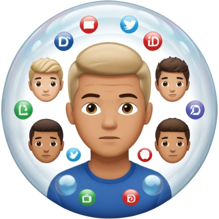 Emoji-style casually dressed man inside a clear bubble surrounded by repeating identical content icons. He can only see one direction, with other viewpoints outside the bubble blurred or muted. Clean-shaven, neutral background, soft lighting emoji
