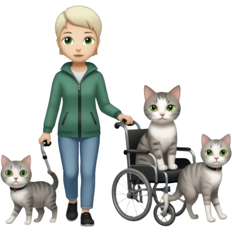 full body small short hair dark grey and white cat with green eyes walking in a wheelchair for cats emoji