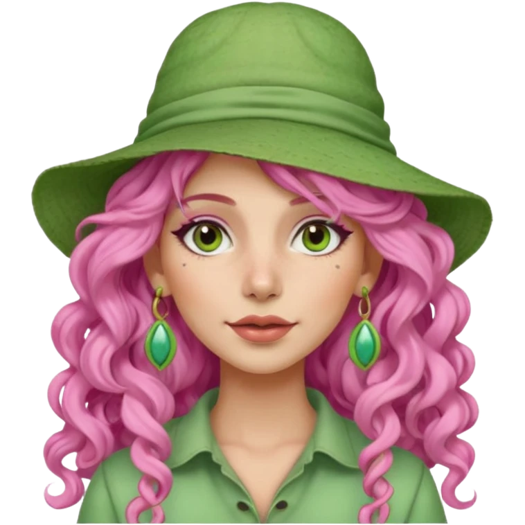 pink haired very long curly haired woman with full full face light green clay mask  and big earrings and hat emoji