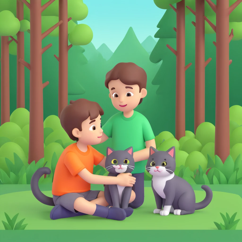 boy and cat pet in forrest background, close up pose emoji