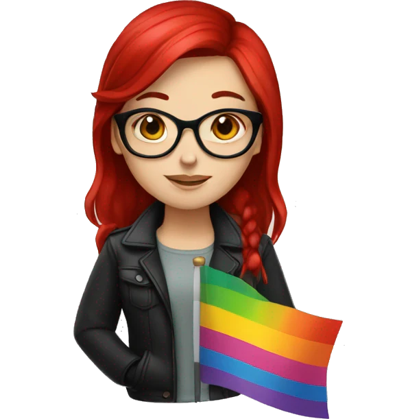 a white girl with black and red hair, glasses and a lesbian flag emoji