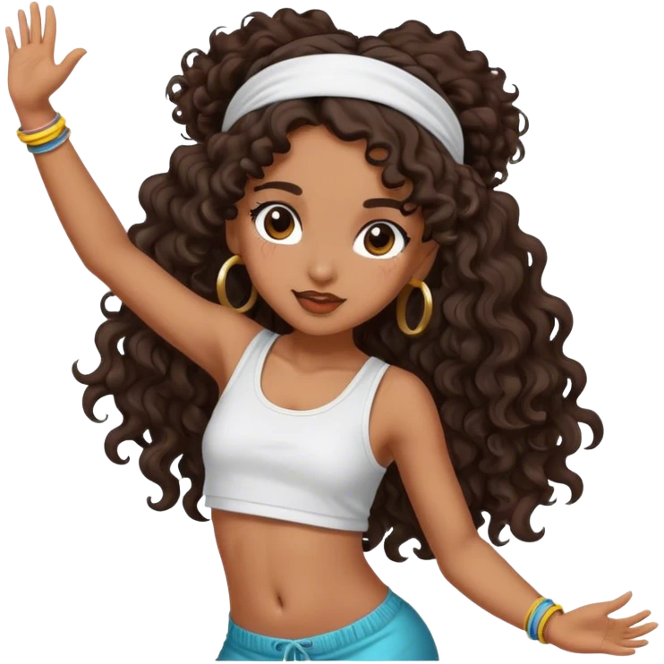 Dancing brown girl with long darn brown curly hair with headband hip hop emoji