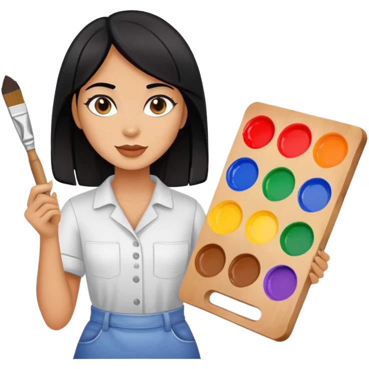 painting, artist, black hair tanned woman, paint pallet colors and paint brush emoji