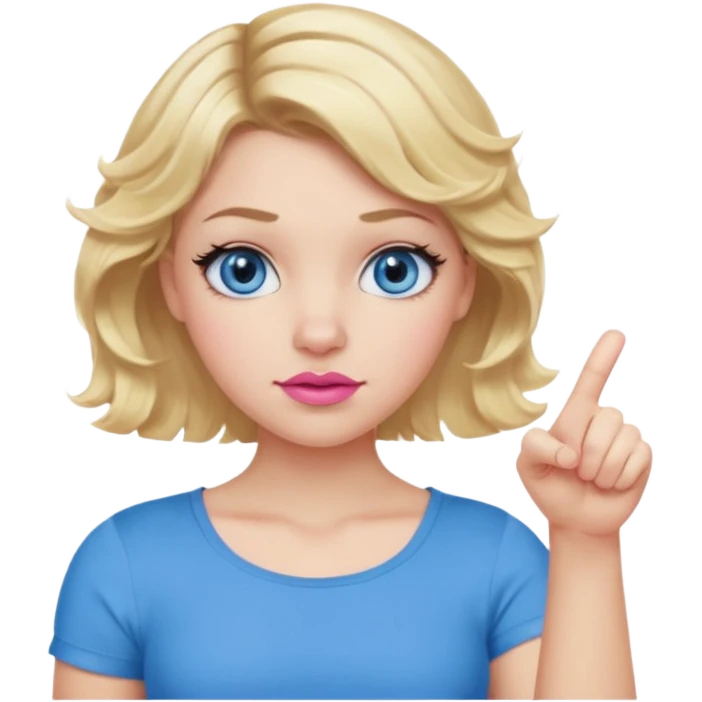 Girl Blonde short wavy hair,  blue eyes, cute blue top, long lashes, pink lips, thumbs down  emoji