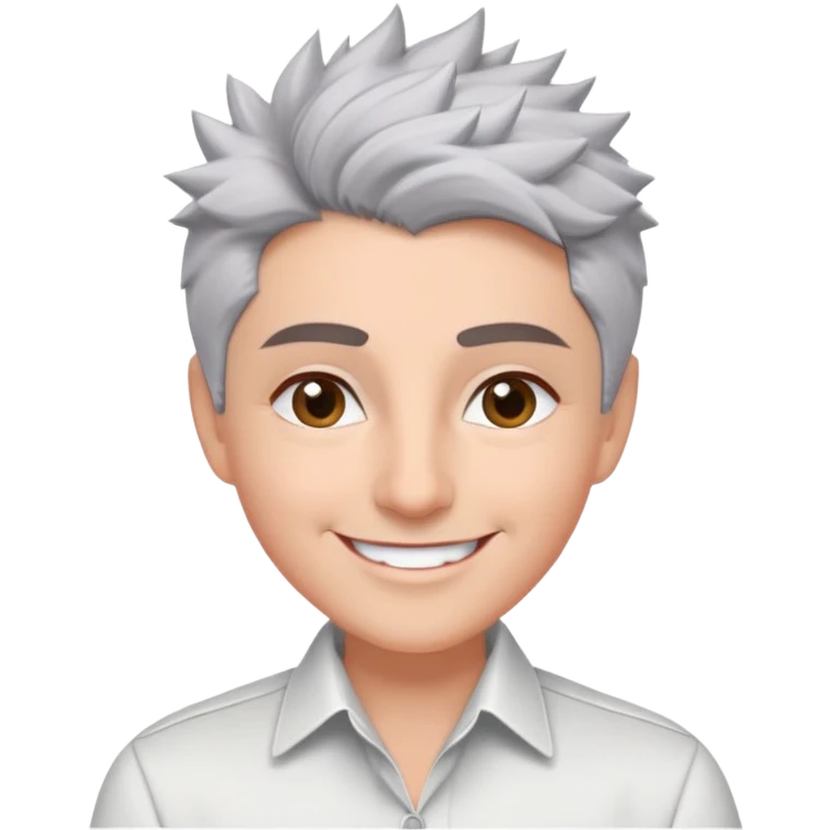 Close-up portrait of Marian Pabón with defined facial structure, light pinkish skin, almond eyes, arched eyebrows, charismatic wide smile, short spiky gray hair, wearing a formal white buttoned shirt emoji