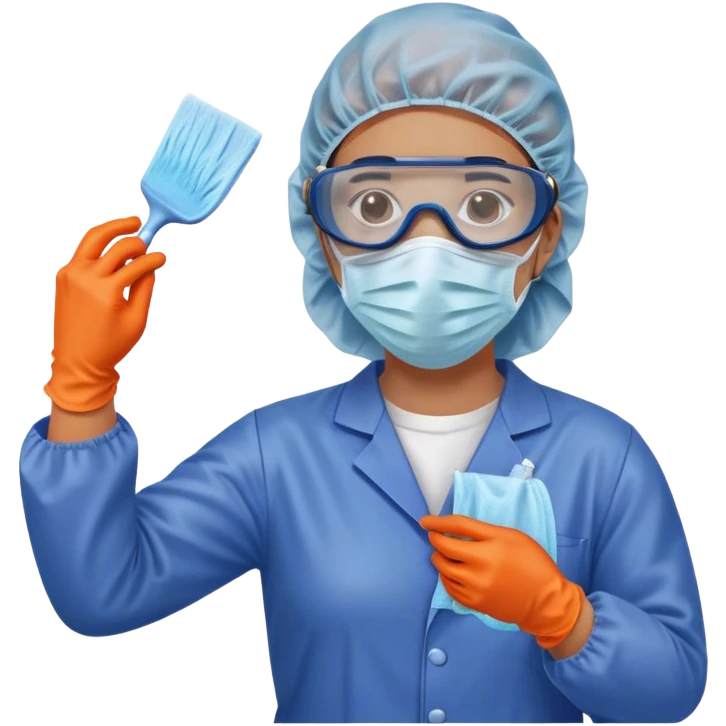 A meticulous cleanroom worker dressed in full protective gear, including a blue sterile suit, a face mask,  and orange gloves.  cleaning glasses with a wipe emoji
