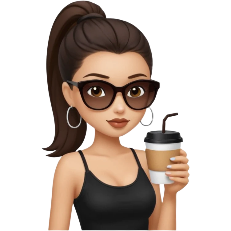 generate a pretty fair bratz girl with dark brown eyes, dark brown eyes tied into a slick back ponytail, thin brown sunglasses. Wearing a black cami top and drinking coffee, high cheekbones emoji