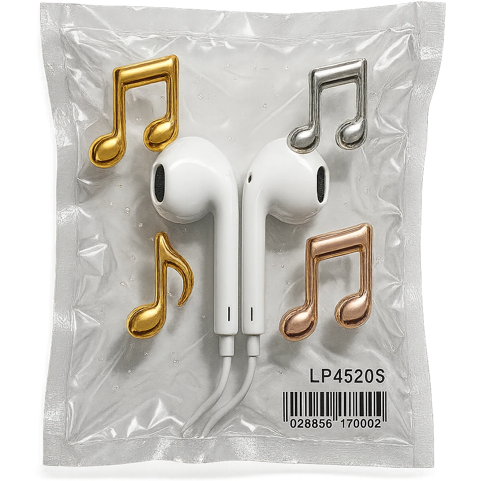 pair of white EarPods with three floating glass music notes in gold, silver, and rose gold, shiny and puffy emoji