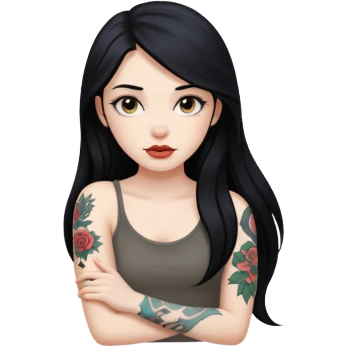 hyper realistic Pale girl with long black hair arm tattoos emoji