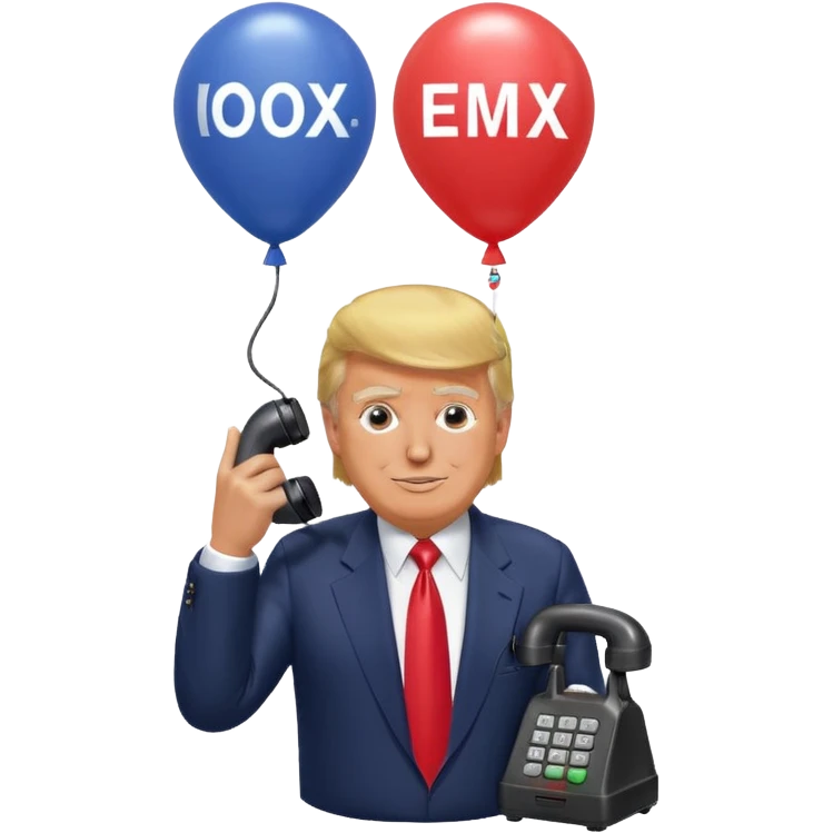 Дональд Трамп  улыбается в поте лица качает через насос в виде телефонного аппарата, который подключен к шарику, который символизирует фондовый рынок и на нём написано IMOEX emoji