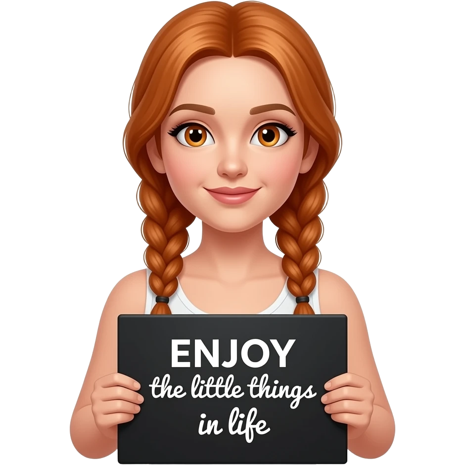 sexy girl with long ginger braids and ginger eyes wearing a white tanktop is holding a black sign with ENJOY the little things in life written on it emoji