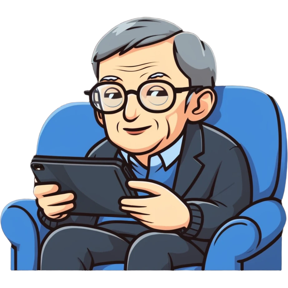 Stephen Hawking with glasses sitting on a couch playing a mobile phone game emoji