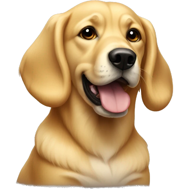 Golden dog sitting with a black dog with up ears emoji