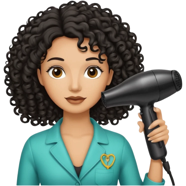 Parrucchiera con il phon in mano e la scritta coiffeur assunta capelli neri e ricci emoji