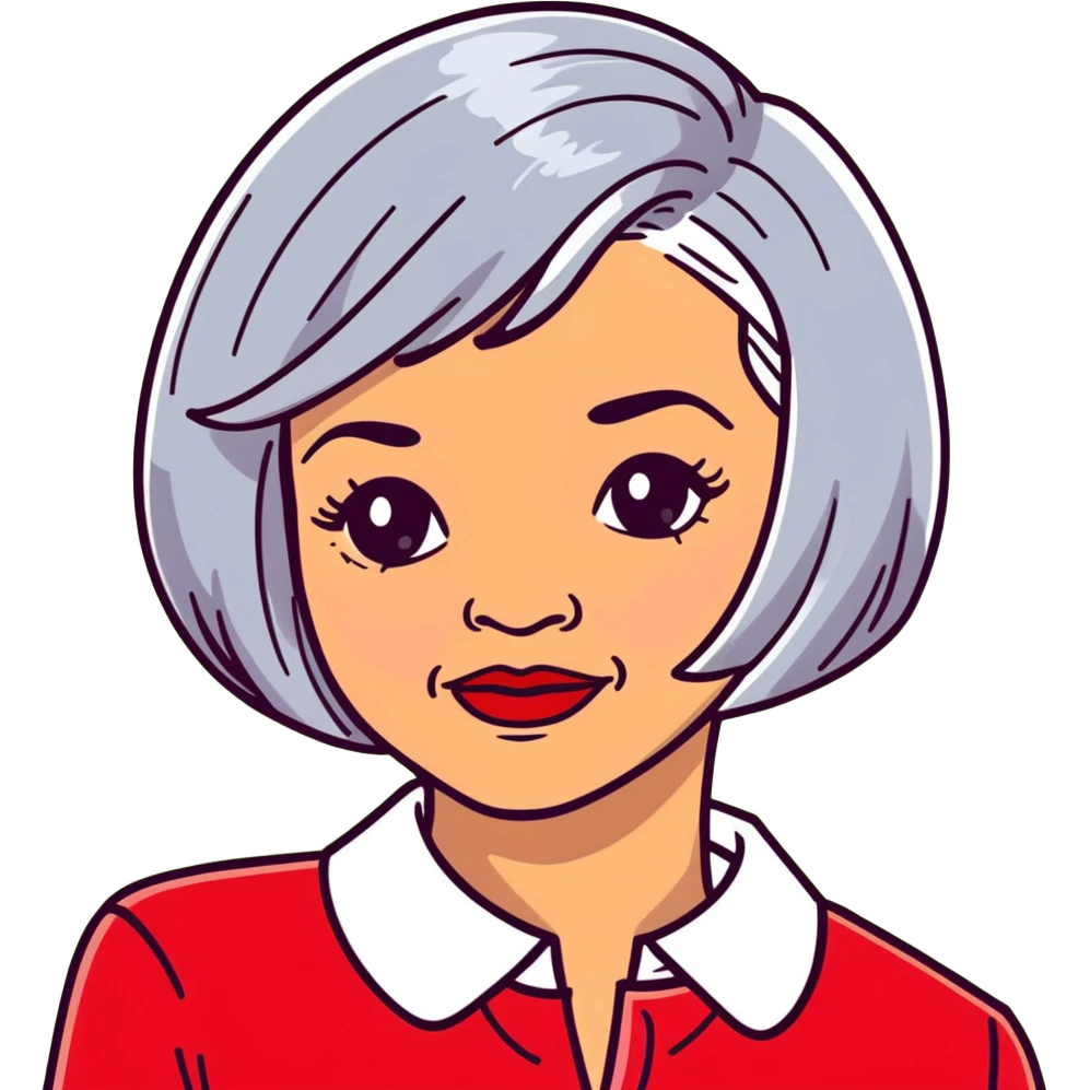 Elegant Hispanic senior woman, 70s, with silver bob haircut, bright complexion, marked cheekbones, almond-shaped hazel eyes, wearing red lipstick and a red structured collar blouse emoji