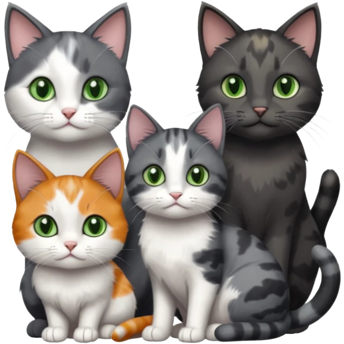 3 different coloured small cats including a dark grey and white, and a patchy calico and a completely solid dark grey with green eyes and only white paws emoji