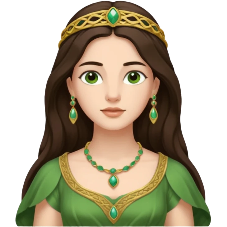 Juno, Marriage Goddess from Rome Mythology with long dark brown hair, green outfit, fair skin emoji