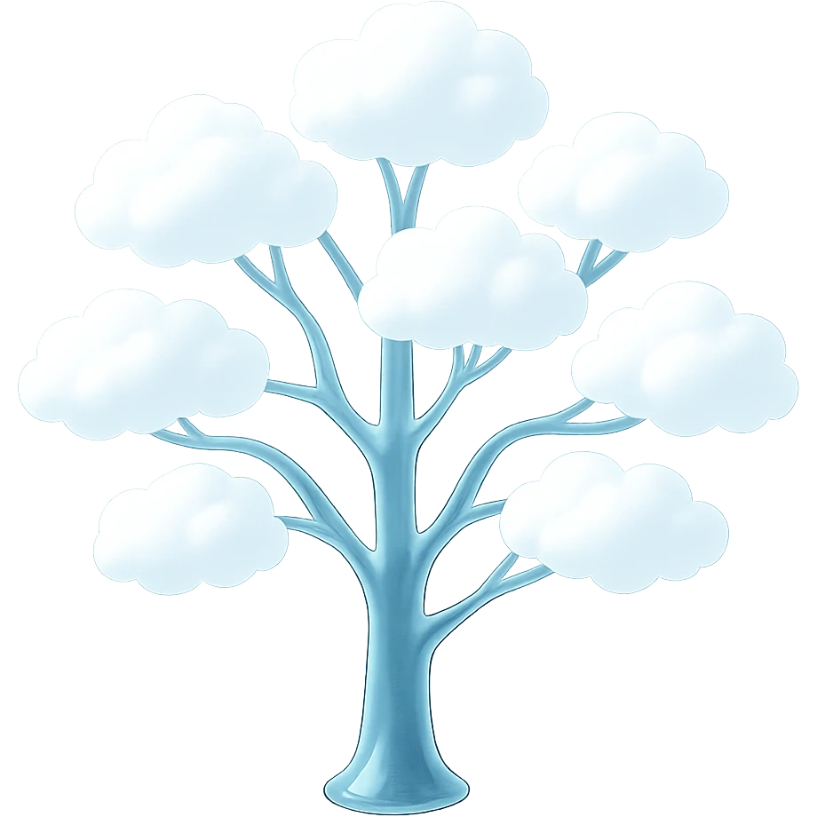 one tree with many branches and a white trunk, crown made of small very bright white fluffy convex clouds, matte glass style emoji