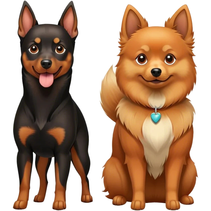 Doberman Pinscher and Pomeranian Spitz standing side by side. The Doberman has a sleek black and tan coat with alert ears, while the Pomeranian has a fluffy orange coat and a joyful expression. Beautiful natural background, with a clear blue sky and green grass. Transparent background. emoji