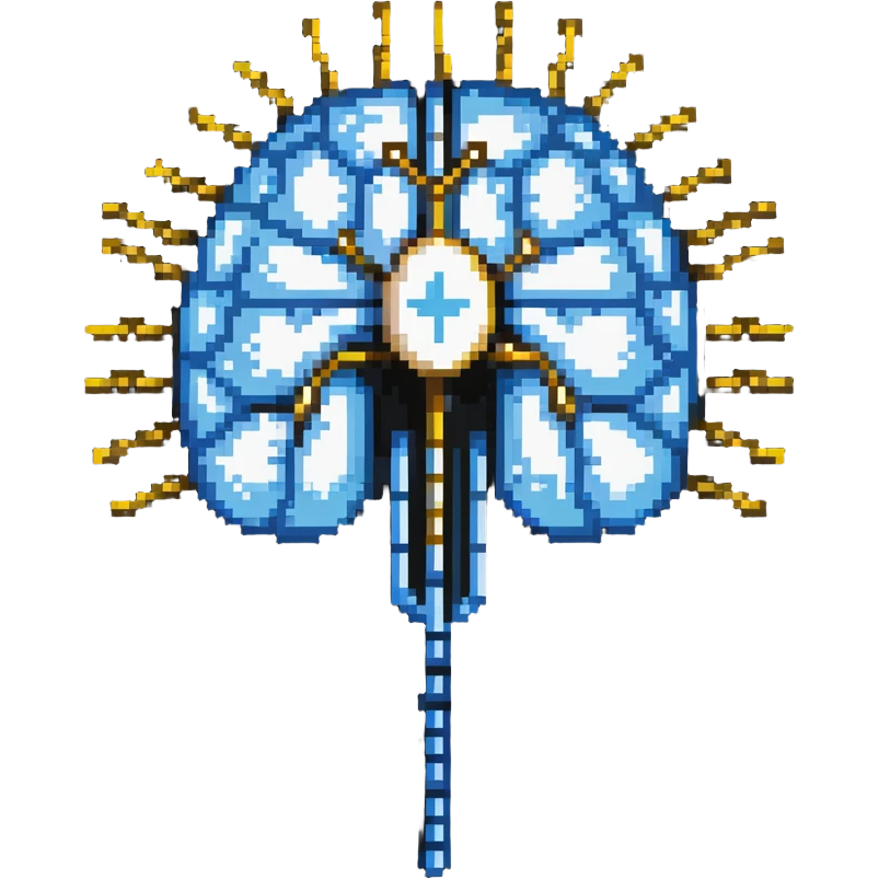 Pixel art of a pearlescent blue capsule floating in front of a brain with golden pixel pulses forming neural connections. A small liver icon nearby, all rotating in a pixelated aura of mental focus emoji
