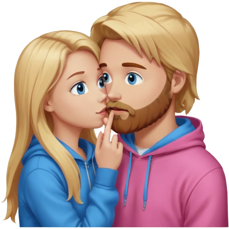 Pretty-long blonde hair blue eyed-girl-wearing a pink hoodie- facing a reddish brownish hair and beard-blue eyed-white male whose holding her face kissing  emoji