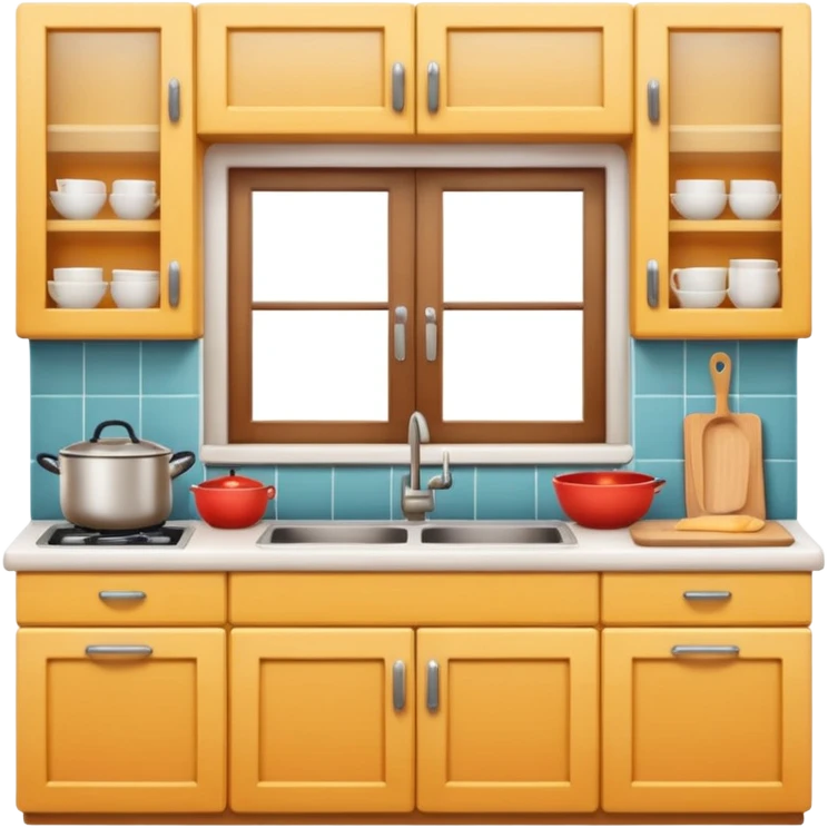 A cozy home kitchen in clean emoji-style illustration. Warm colors, simple shapes, homemade dishes on the counter, friendly atmosphere, flat design, high contrast, clear outlines. emoji