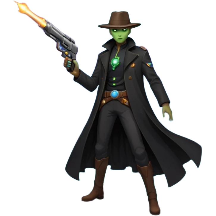A mysterious alien gunslinger standing on a floating rock in space, cosmic nebula behind him, glowing energy revolver, long flowing coat in zero gravity, epic lighting, ultra detailed space western art
 emoji