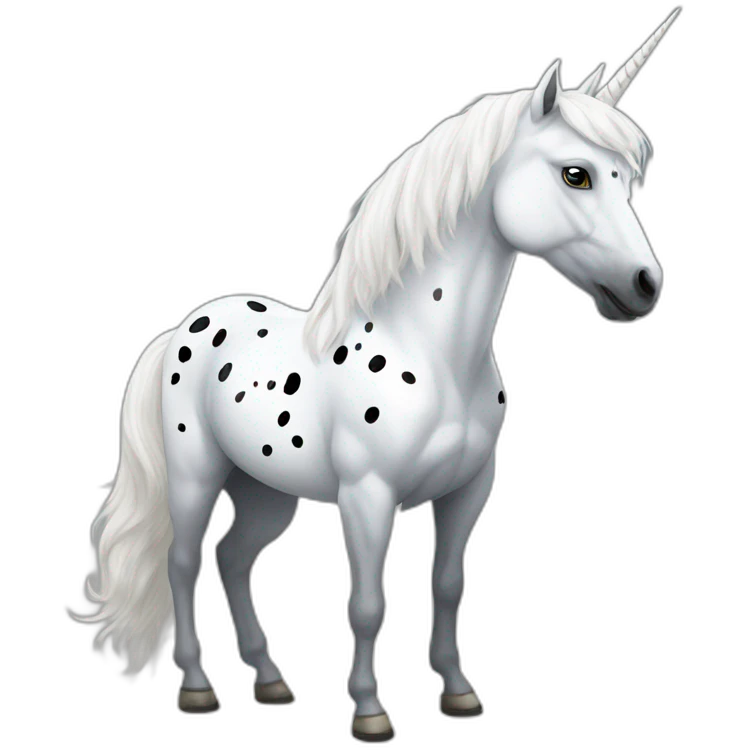 White horse with black spots and white wings and unicorn horn emoji
