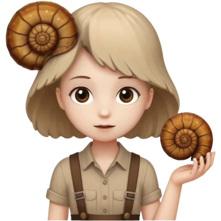 Shelly has a small, chibi-style body with a large ammonite-shaped head that looks like a beige fossil shell. One side of her head has a dark opening, making it clear she isn’t human. Her face is simple and soft, with big round eyes. She wears a brown suspender outfit over a lighter shirt emoji