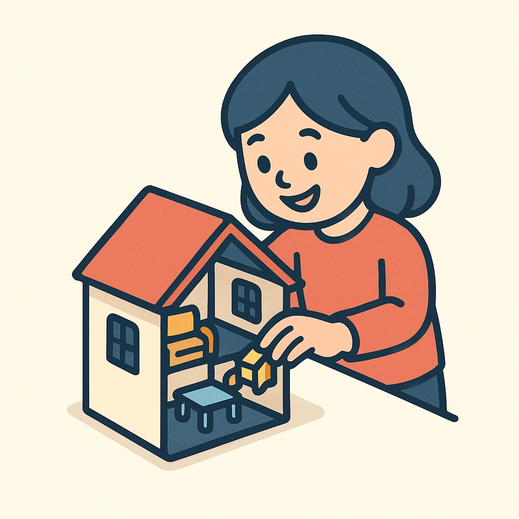 smiling girl arranging furniture in doll house emoji