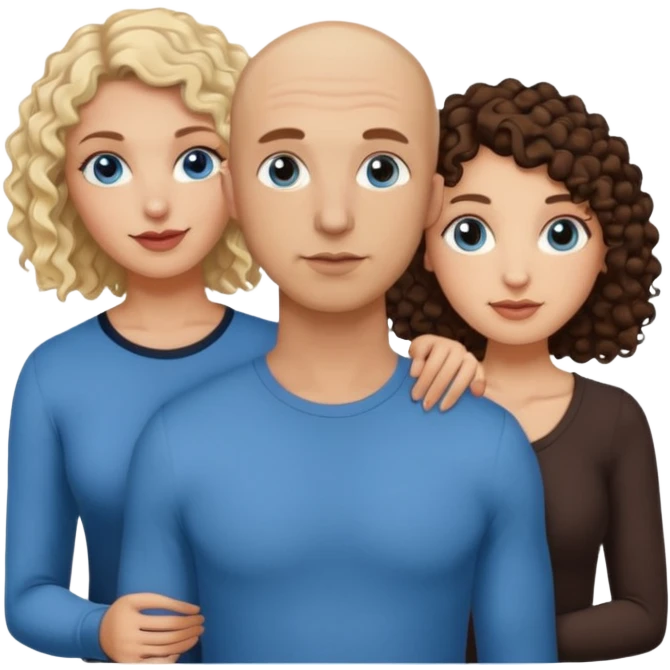 tattooed covered bbald brown eyed male with blonde haired blue eyed big boob female with brunette curly haired brown eyed big boob female throuple  emoji