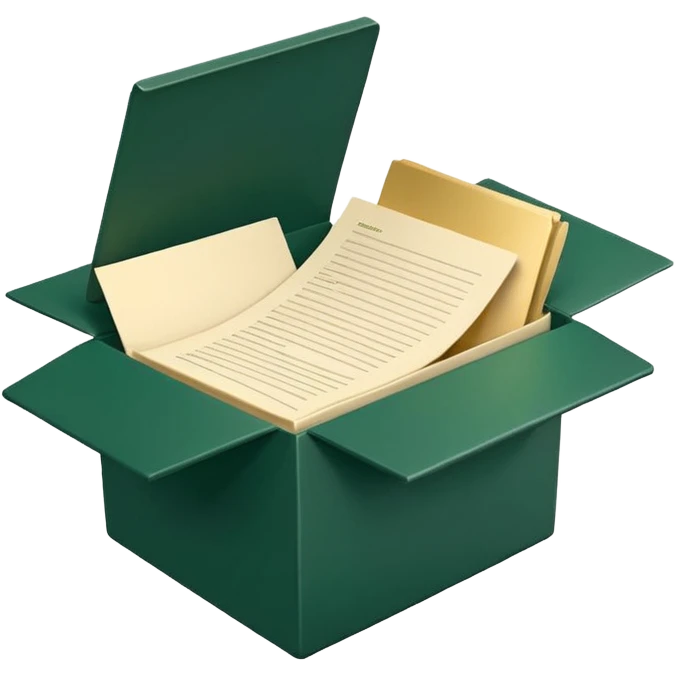 3D minimal open box with papers and documents floating out, matte finish, deep green (#0B3D2C) box, cream (#F5F5DC) papers, gold (#C9B037) subtle glow, Apple style, clean and premium, soft shadow, transparent background emoji