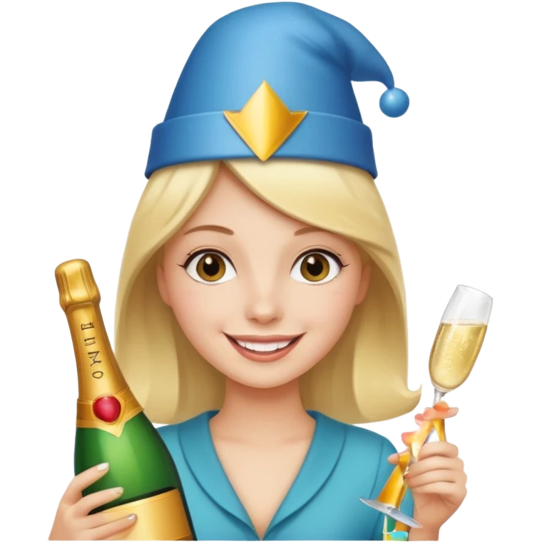 girl holding only Champagne bottle with party cap. emoji