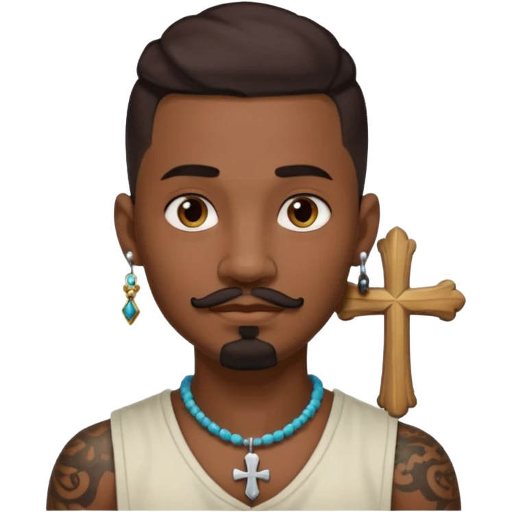Deci creează mi un emoticon cu un băiat mai creol care are doar o coadă are cercel intr o ureche are tatuaje și barba cioc și mustața și are lanț la gât cu cruce emoji