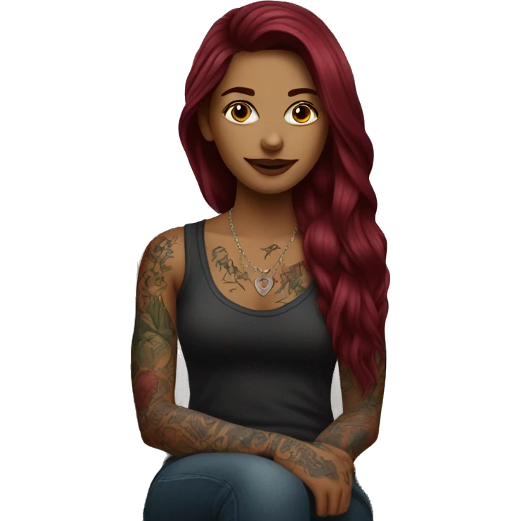 Beautiful tattooed burgundy long haired woman sitting on couch emoji