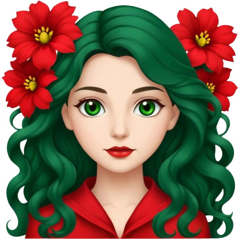 Dark green eyed women with long wavy hair red flower background red clothing emoji