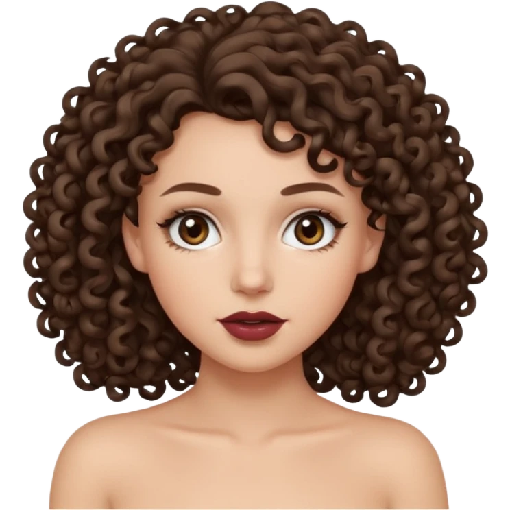 White girl with a curly hair with dark brown eyes nude lipstik emoji