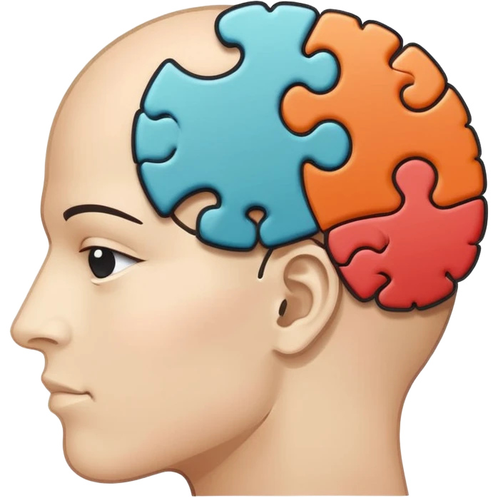 Minimalistic flat vector icon, iOS style, thin black contour on white background. Human head profile with a brain inside, split into puzzle pieces. No text, no shadows. emoji